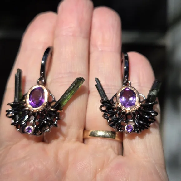 Amethyst & Tourmaline sterling rhodium & gold modern deco earrings - Picture 5 of 12